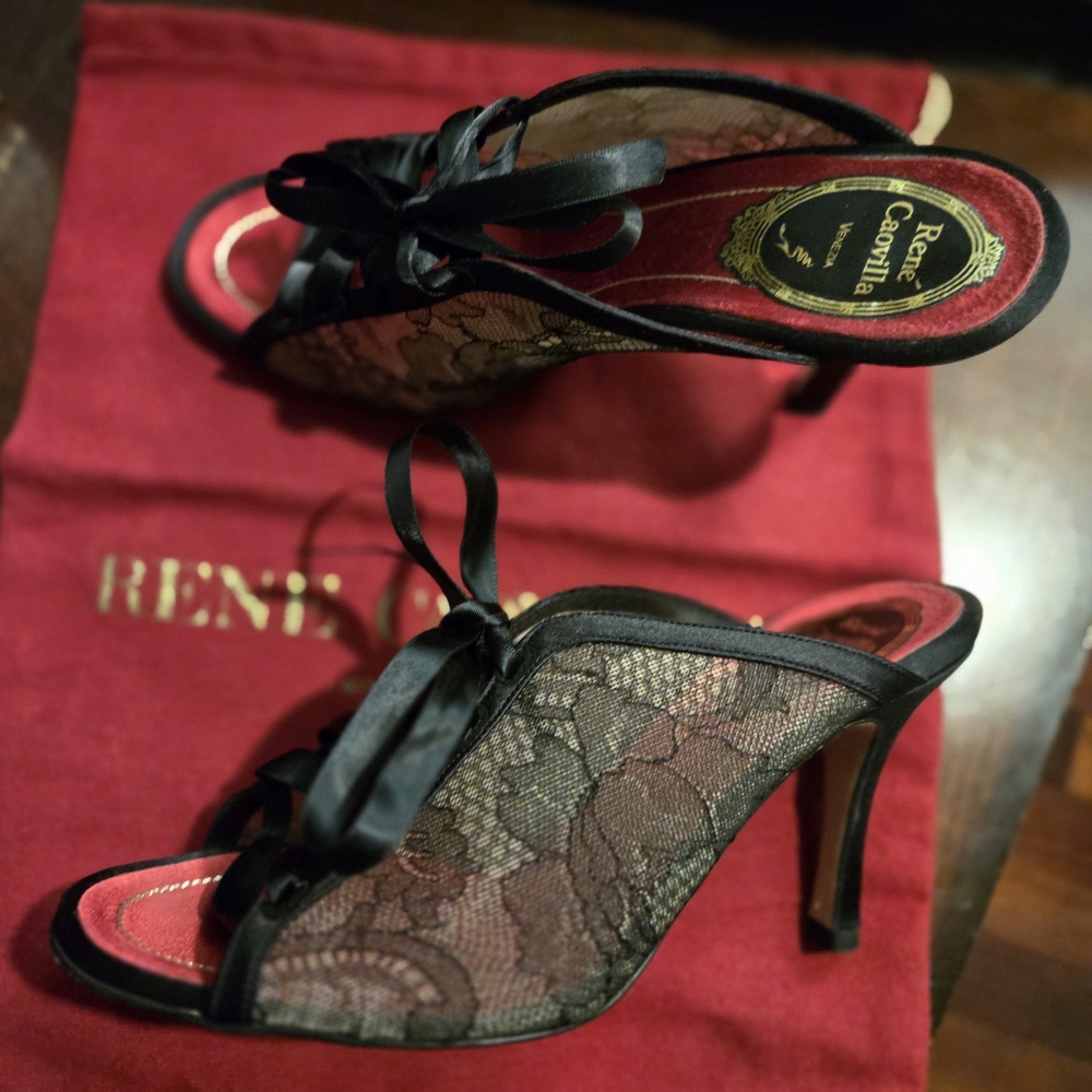 Rene Caovilla Black and Red Lace Heels